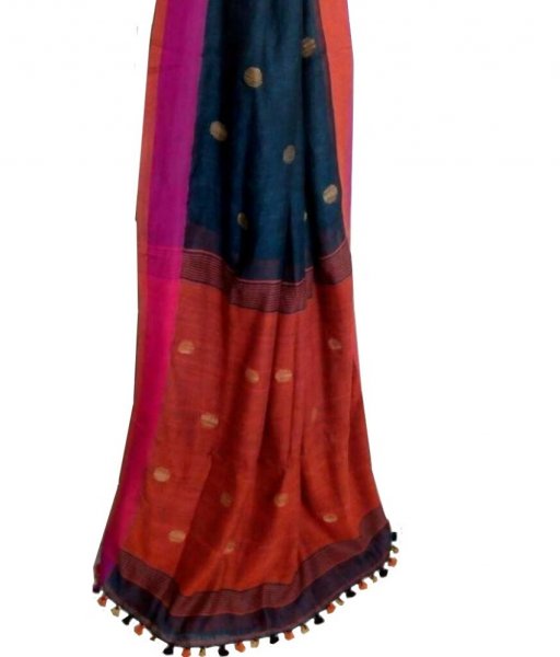 Black &amp; Red Buti Ball Linen Saree